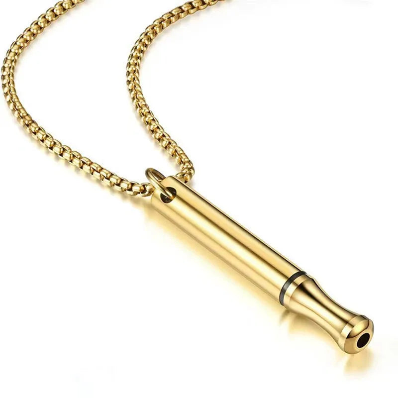 Titanium Steel Stress Relief Whistle Necklace Gold-Pearl chain