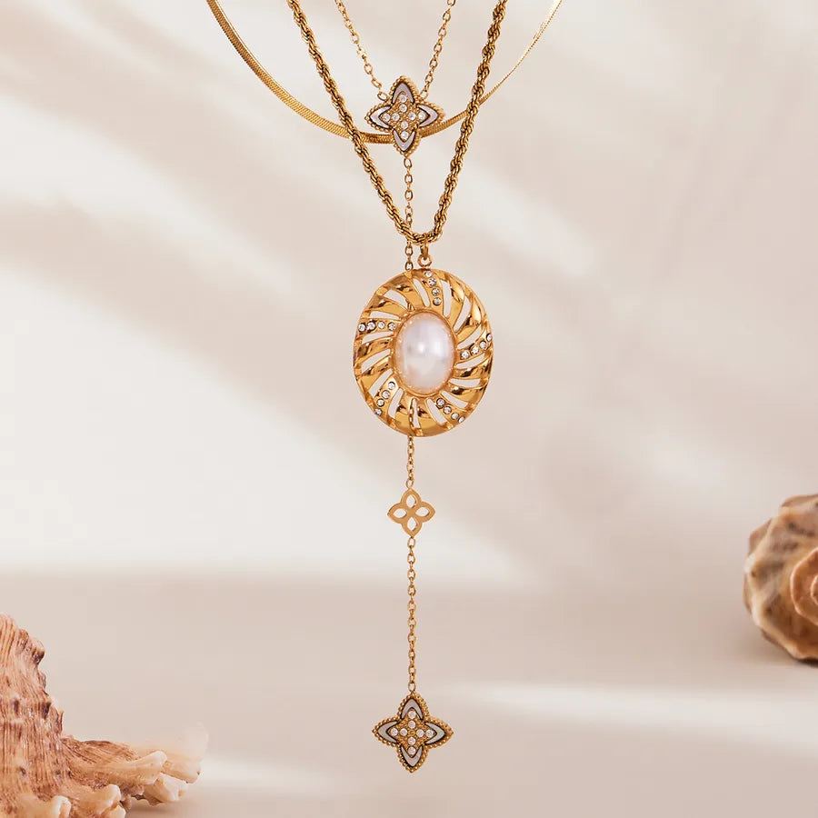 Gold Y Necklace with Zircon & Pearl Accents