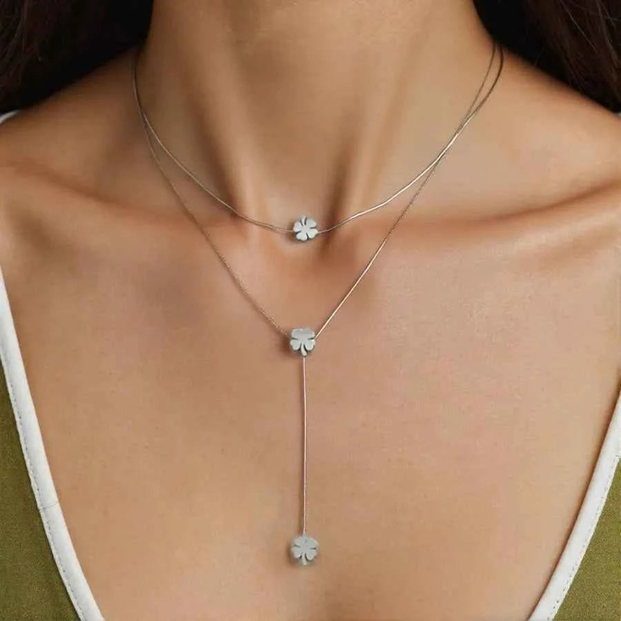 Gold & Silver Four-Leaf Clover Tassel Necklace