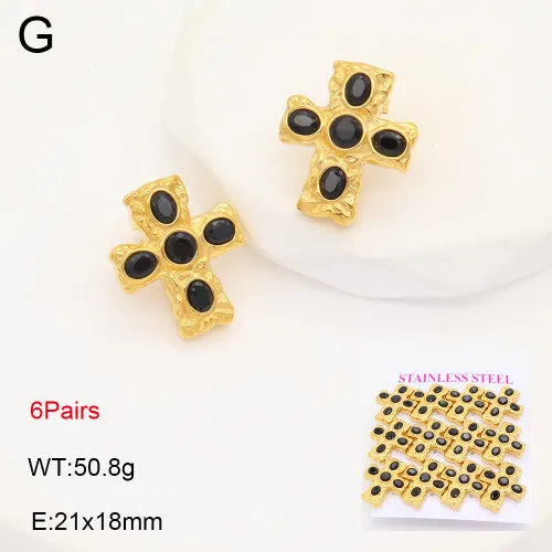 Gold Cross Zircon Earrings – Titanium Steel 21*18mm Black Diamond Gold 6 Pairs Card
