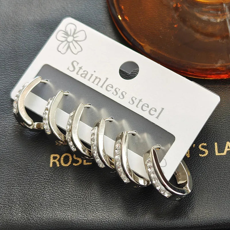 Heart-Shaped Zircon Titanium Steel Earrings U-shaped Full Diamond Hoop Earrings - Silver