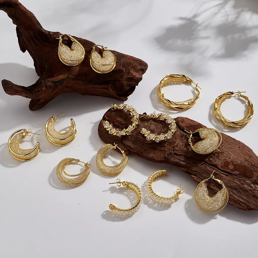 18K Gold PVD C-Shaped Rhinestone Hoop Earrings