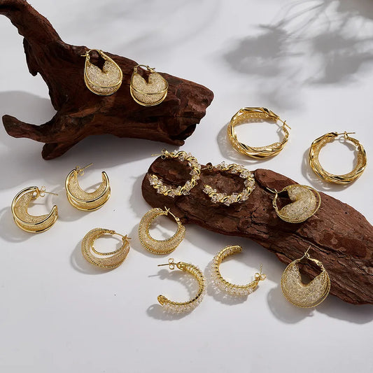 18K Gold PVD C-Shaped Rhinestone Hoop Earrings