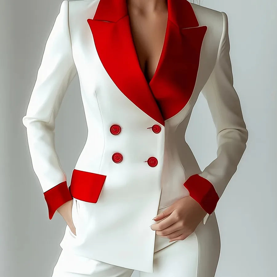 Women's Patchwork Double-Breasted Blazer White + red