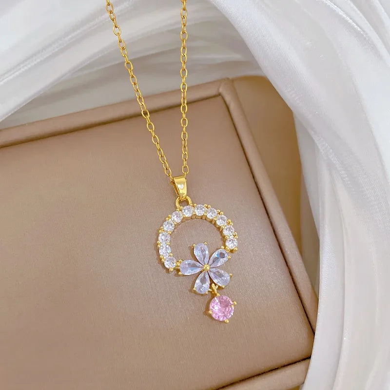 Gold Butterfly & Fish Choker Necklace G221 Titanium Steel Chain Copper Pendant