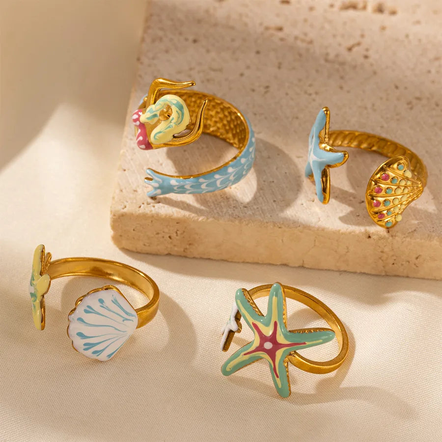 Gold Mermaid & Starfish Stainless Steel Ring
