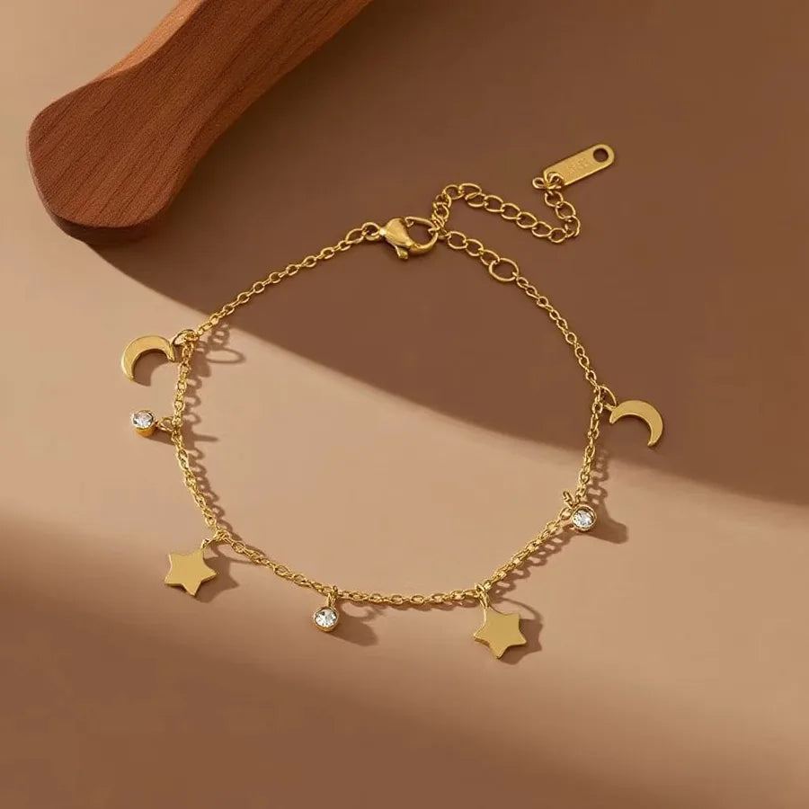 Elegant 18K Gold Plated Titanium Steel Bracelet S02017-Bracelet with Diamond Star and Moon - Gold