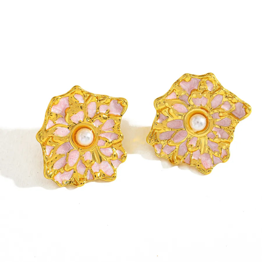 18K Gold Plated Pearl Flower Stud Earrings 23.64mm*21.08mm-Pink