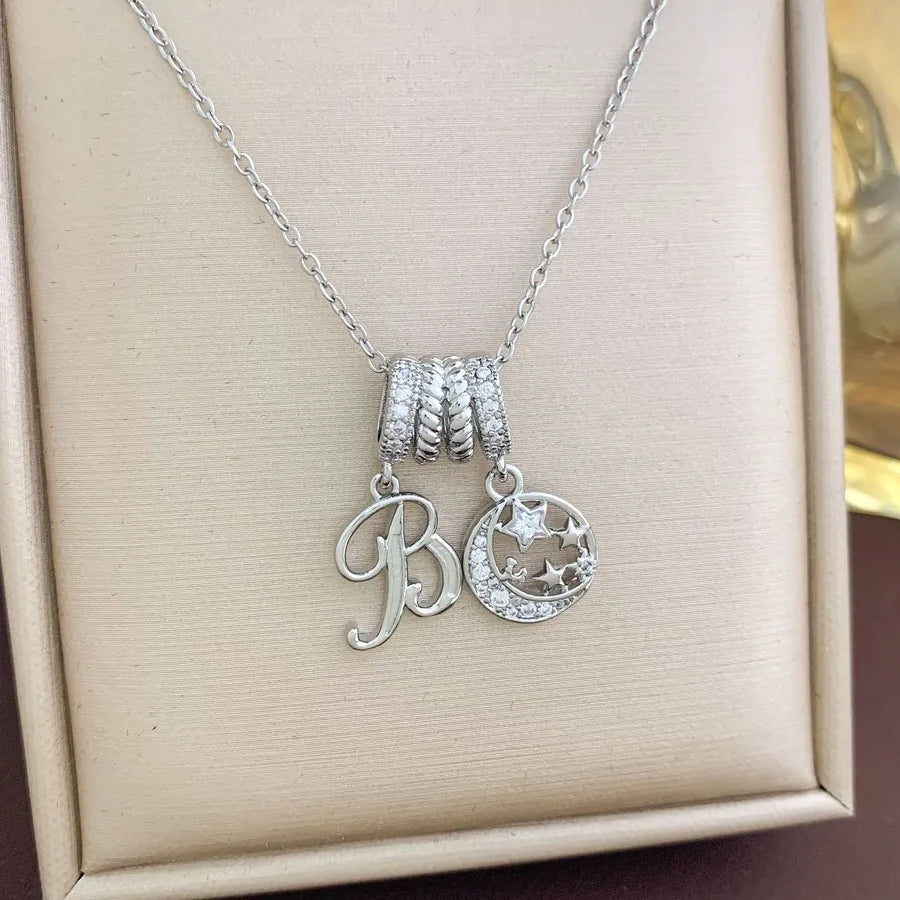 Aurora Star Pendant Necklace – Titanium & Zircon XL4483 Moon and Star Combination Necklace Silver