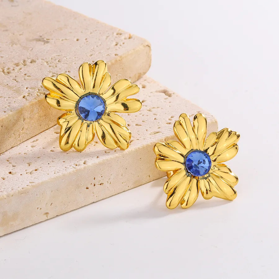 Sunflower Zirconia Stainless Steel Stud Earrings Gold Style 4