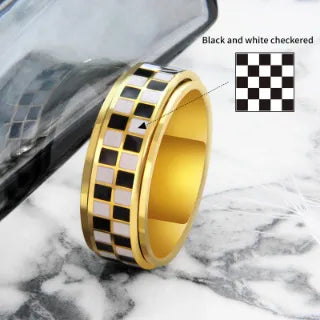 Retro Titanium Steel Geometric Couple Ring Chessboard Rotate Ring 8mm Gold Q3
