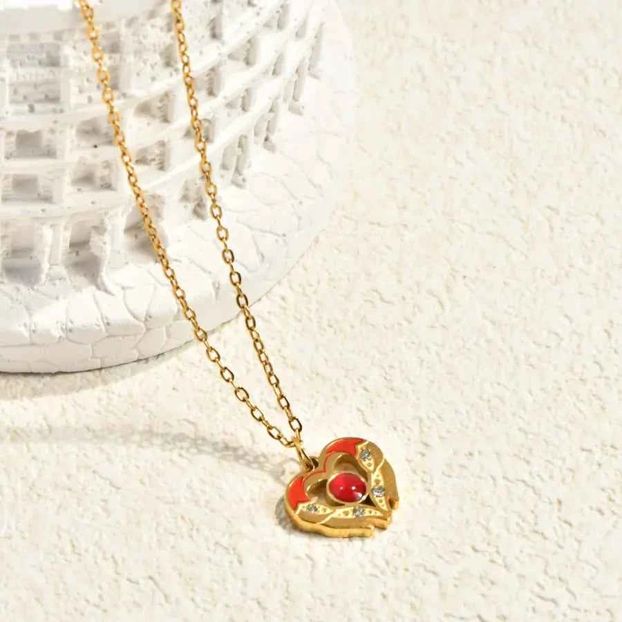 Red Heart Crown 18K Gold Plated Pendant Necklace