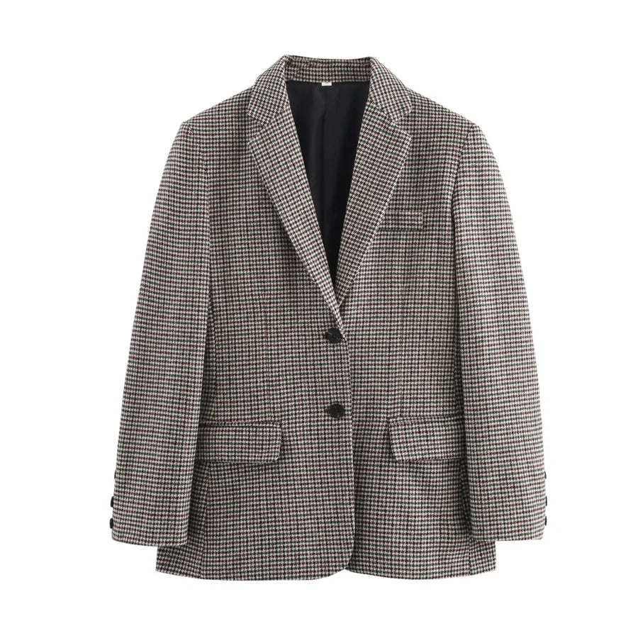 Women's Grey Plaid Blazer - Classic Long Sleeve Grey