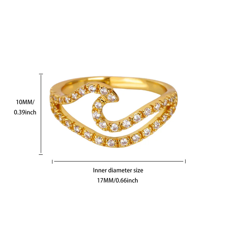 Gold Stainless Steel Wave Ring with Pearl & Zircon 7