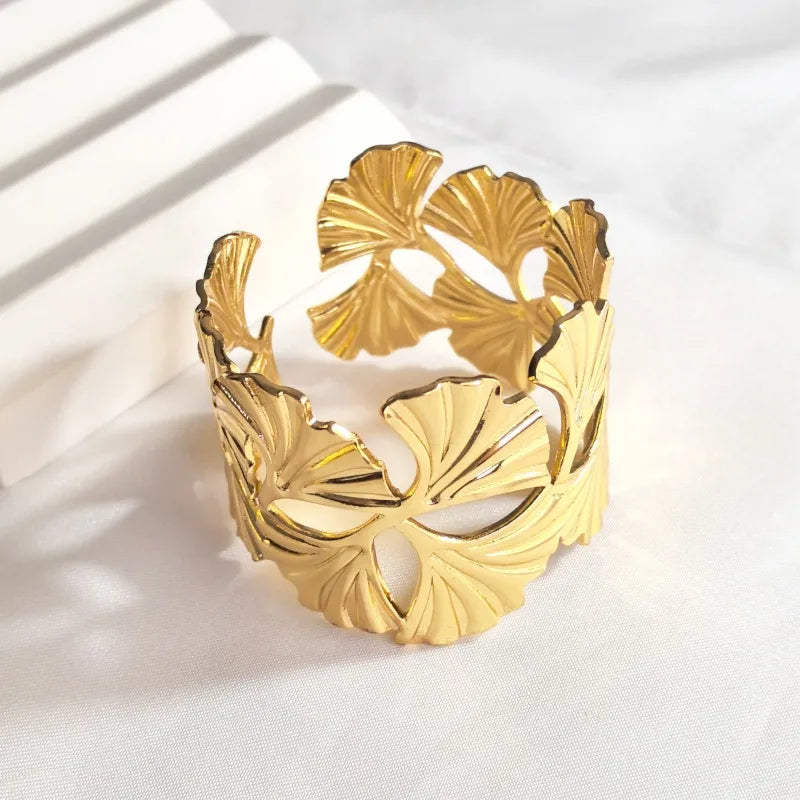 Gold Butterfly & Ginkgo Leaf Stainless Steel Bangle Ginkgo Leaf
