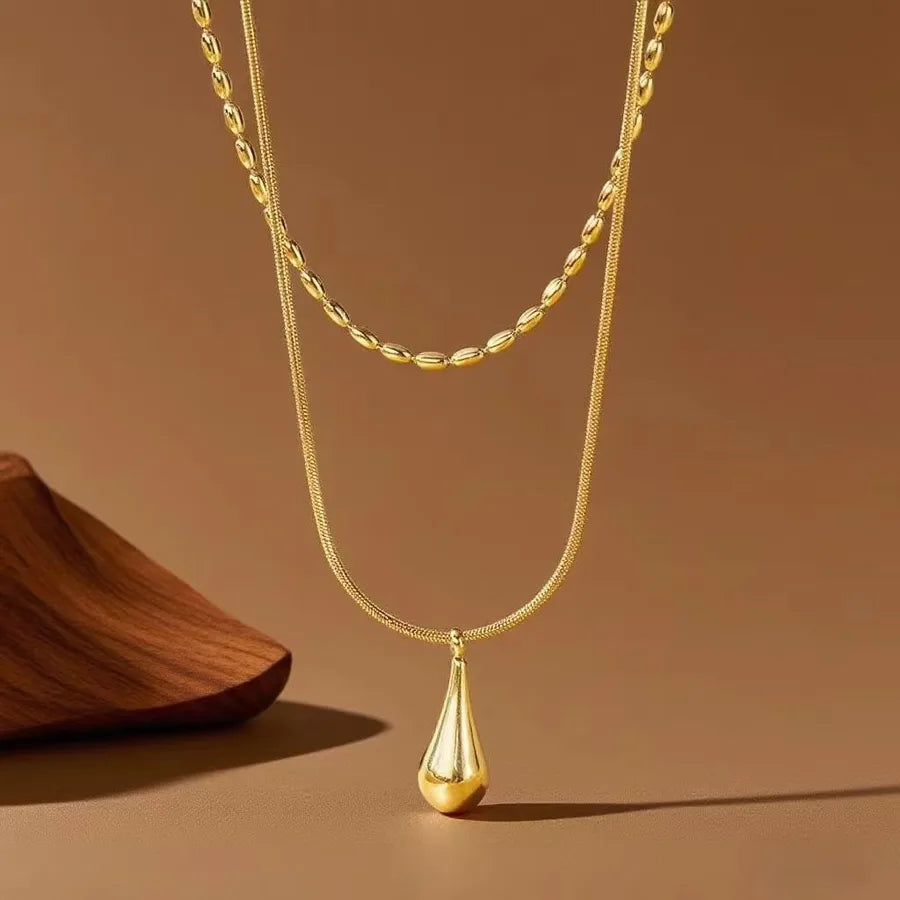 Titanium Steel Heart Pendant Necklace X01255-Double Layer Water Drop-Necklace- Gold