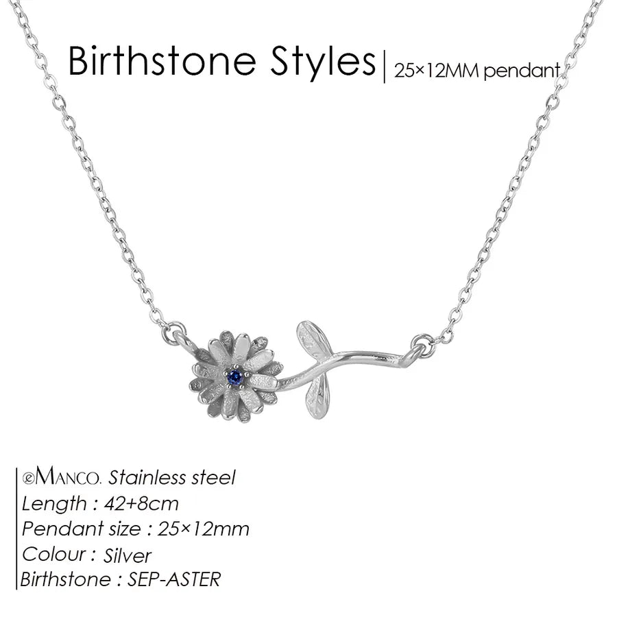 14K Gold Plated Flower Pendant Necklace September Sapphire Blue Steel Color