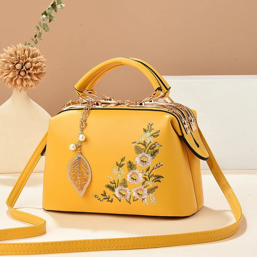 Floral Embroidered Retro PU Leather Shoulder Bag