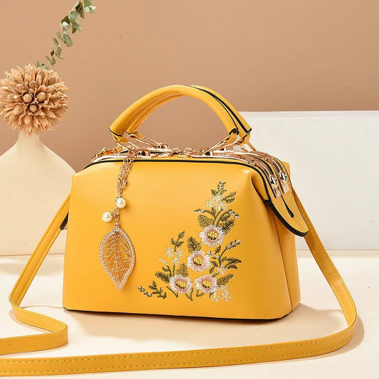 Floral Embroidered Retro PU Leather Shoulder Bag