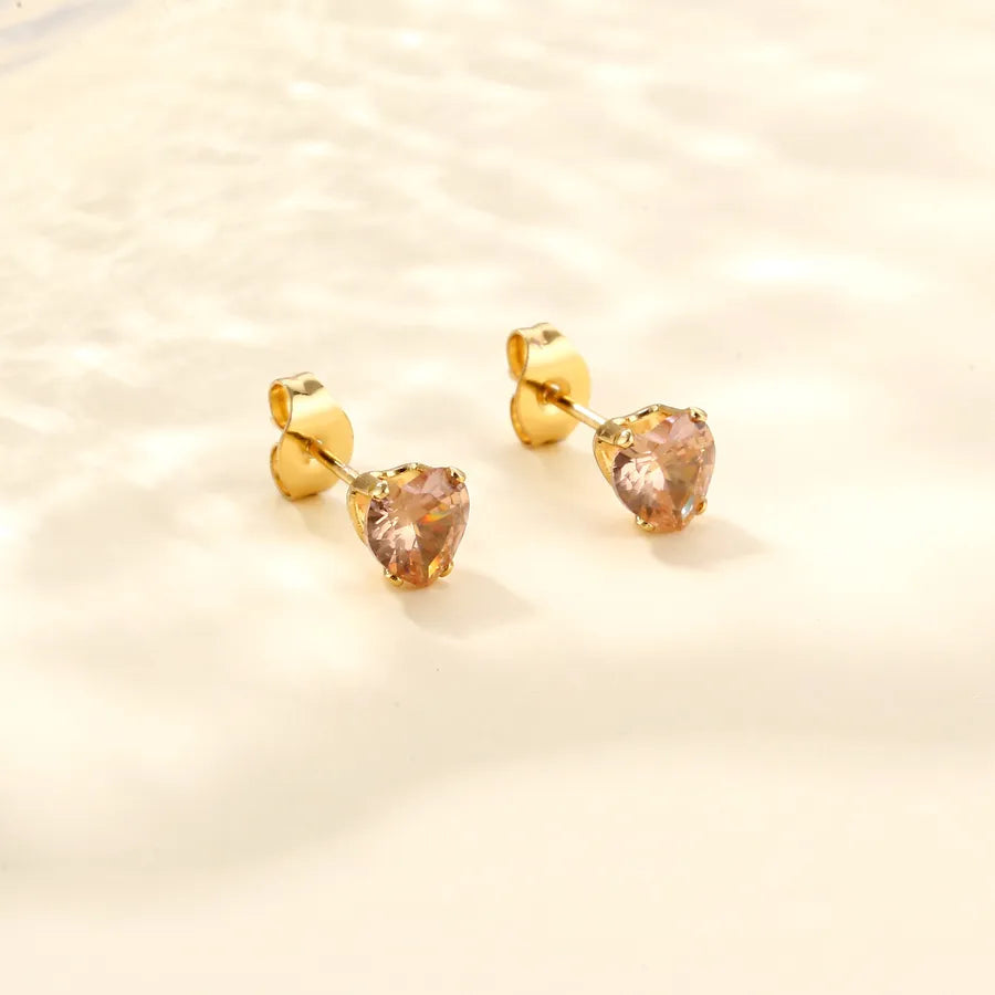 Heart-Shaped Zircon Stainless Steel Earrings Champagne