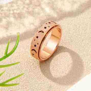 Retro Titanium Steel Geometric Couple Ring Rotating Star and Moon Hollow Rose Gold X1