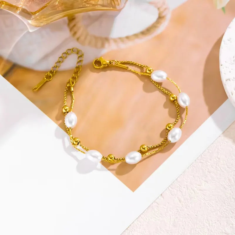 Double Layer Gold Stainless Steel Bracelet Average Size Multicolor-Golden Yellow Double-Layer Bracelet