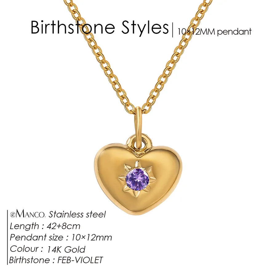 14K Gold Heart Birthstone Necklace for Women February Violet Gold