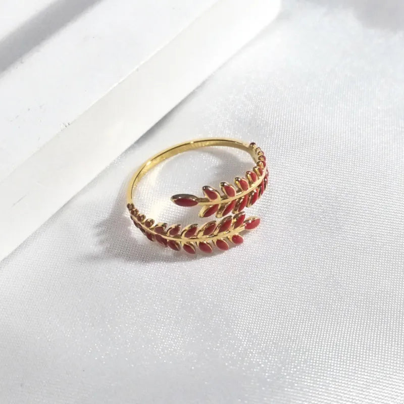 18K Gold Plated Open Wheat Spike Ring Red