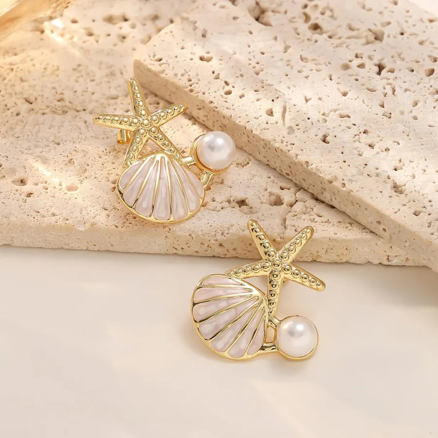 Starfish & Shell Pearl Earrings – Gold Stainless Steel