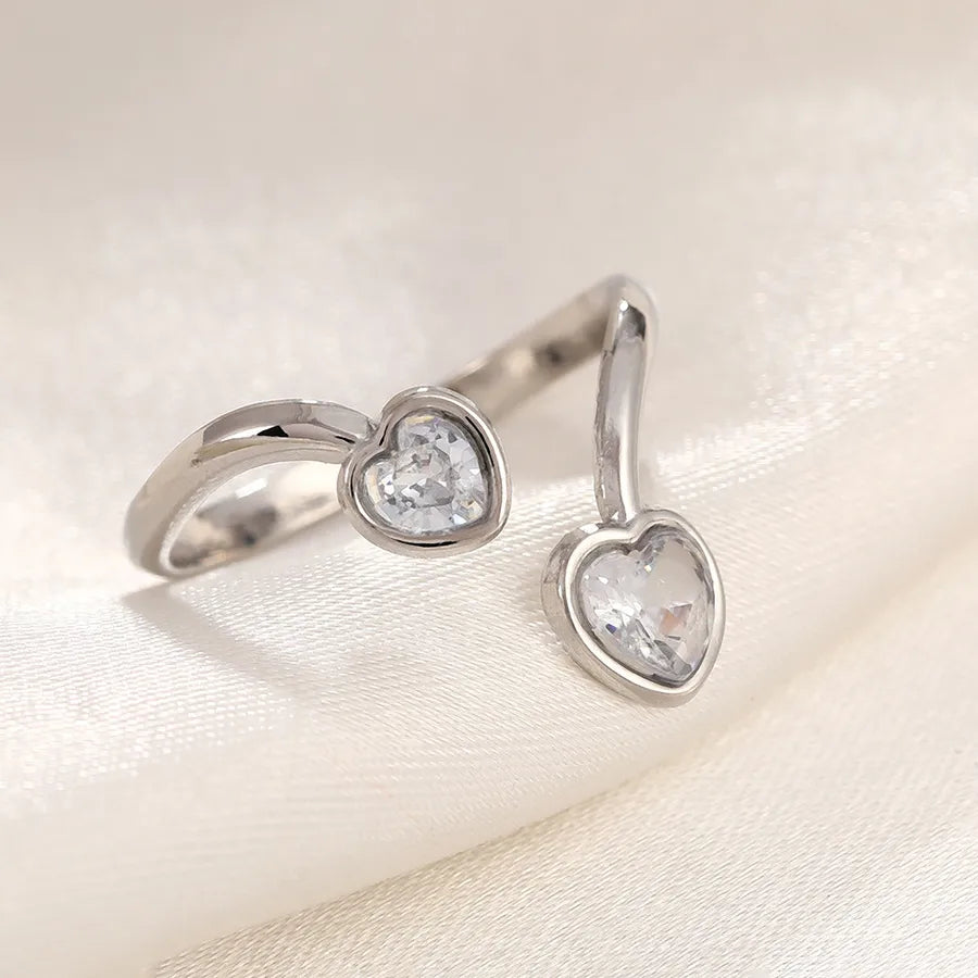 Gold Plated Zircon Heart Ring – Adjustable Open Band Adjustable Opening Steel Color Love Diamond