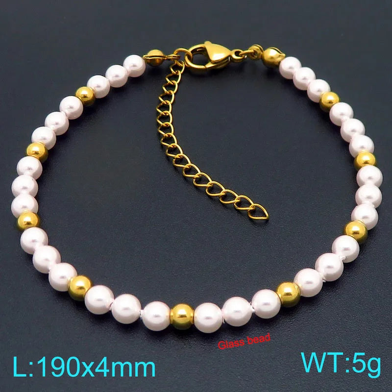 Gold Beaded Stainless Steel Bracelet for Women Type D Gold KB207031-Z
