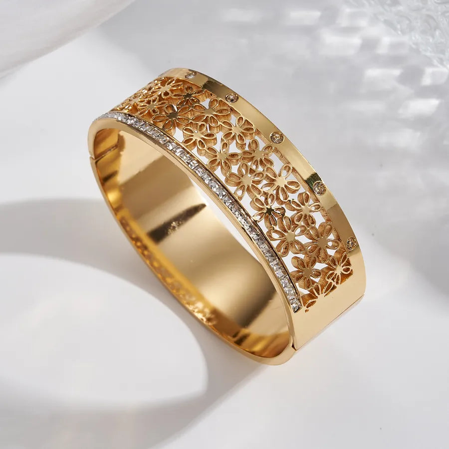 18K Gold Plated Floral Open Bangle Bracelet A (inner Diameter: About 60x50mm) 1 Pc Package