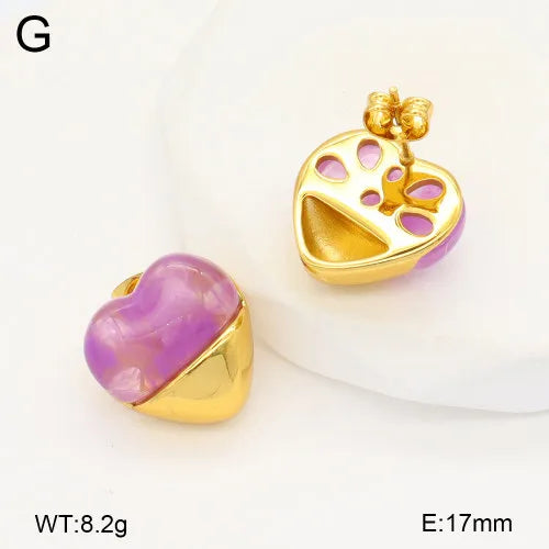 18K Gold Plated Heart Resin Stud Earrings 17mm Purple Gold 1 Pair Package
