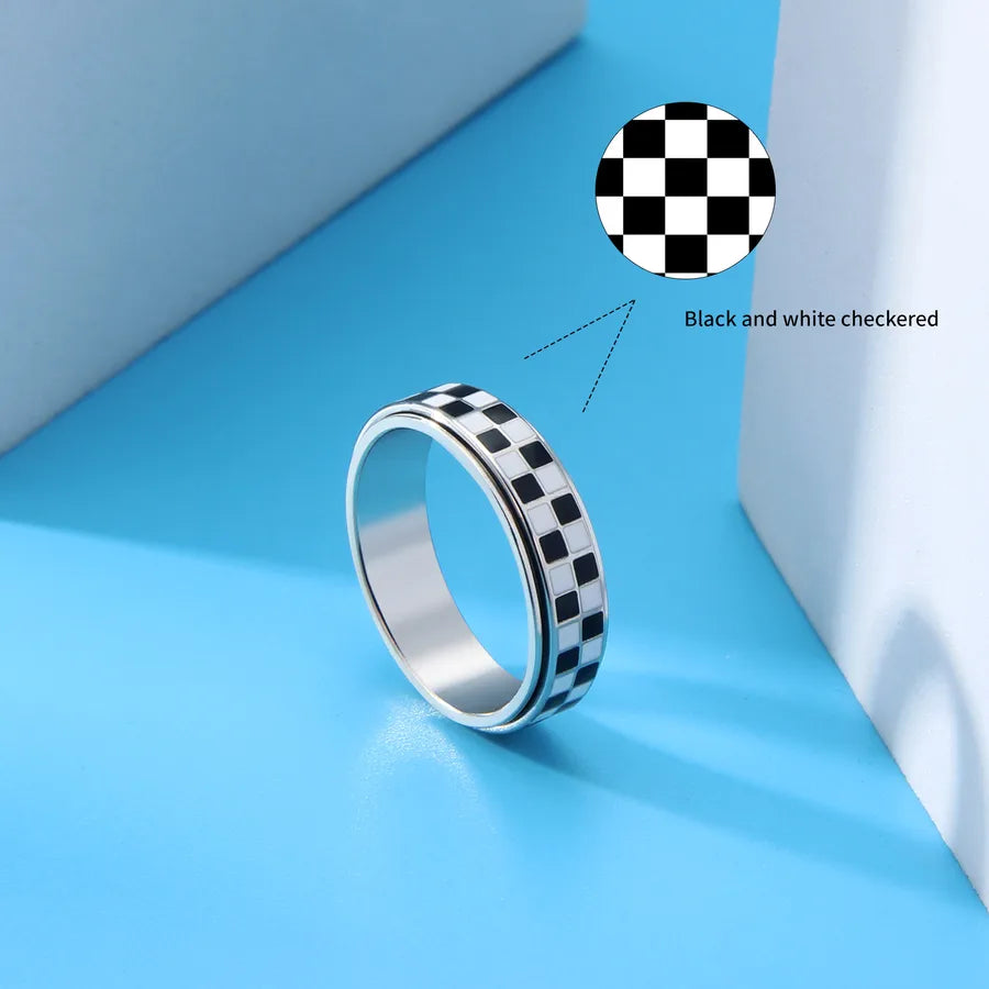 Retro Titanium Steel Geometric Couple Ring Checkerboard Rotating Ring 6mm Steel Color Q2