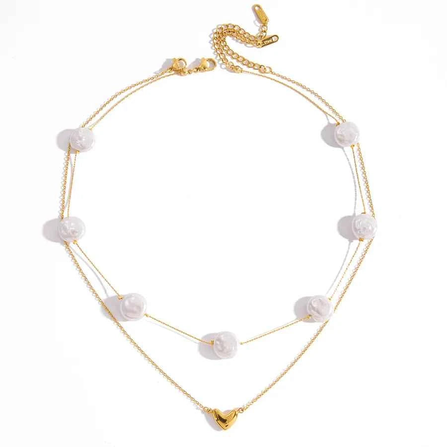 18K Gold Glass Pearl & Heart Pendant Necklace Set