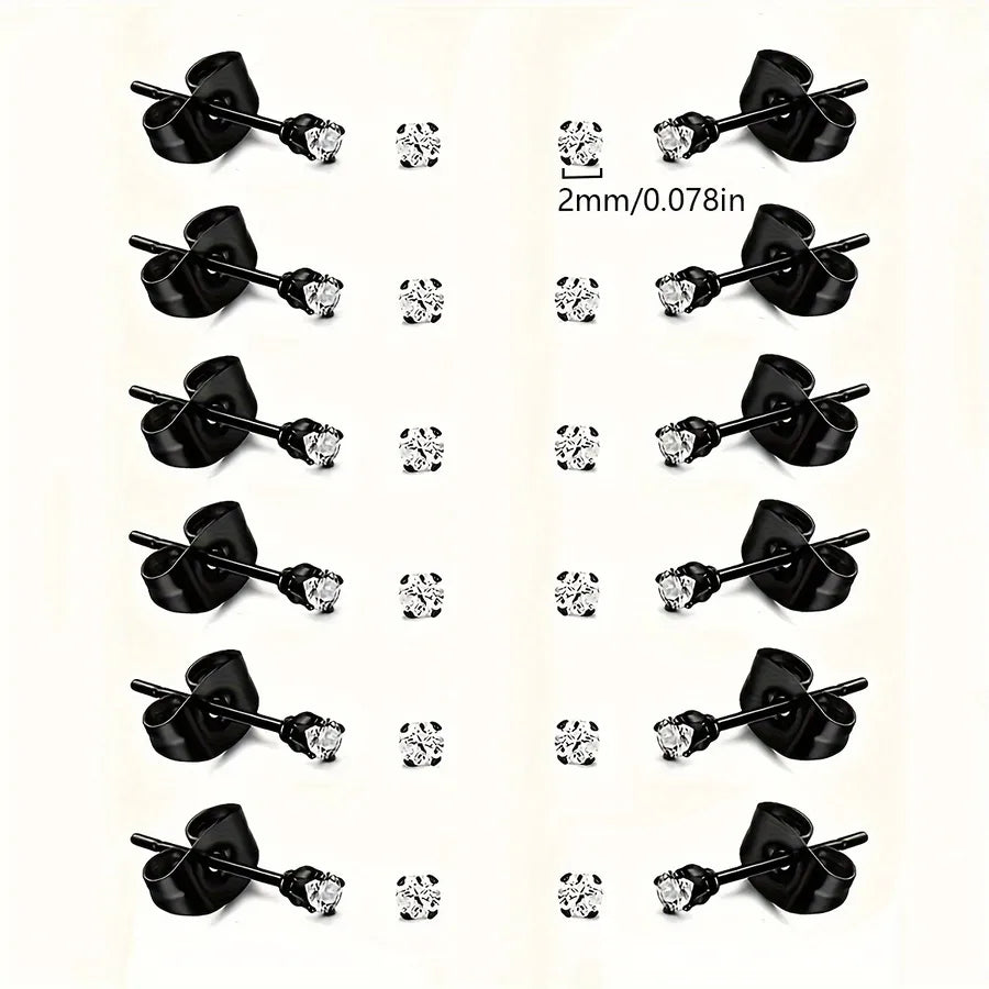 Unisex 12-Pair Stainless Steel Stud Earrings Set