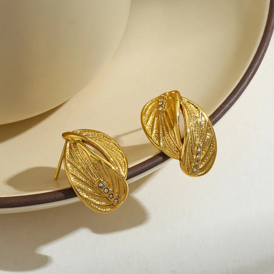 Gold Leaf Zircon Stud Earrings