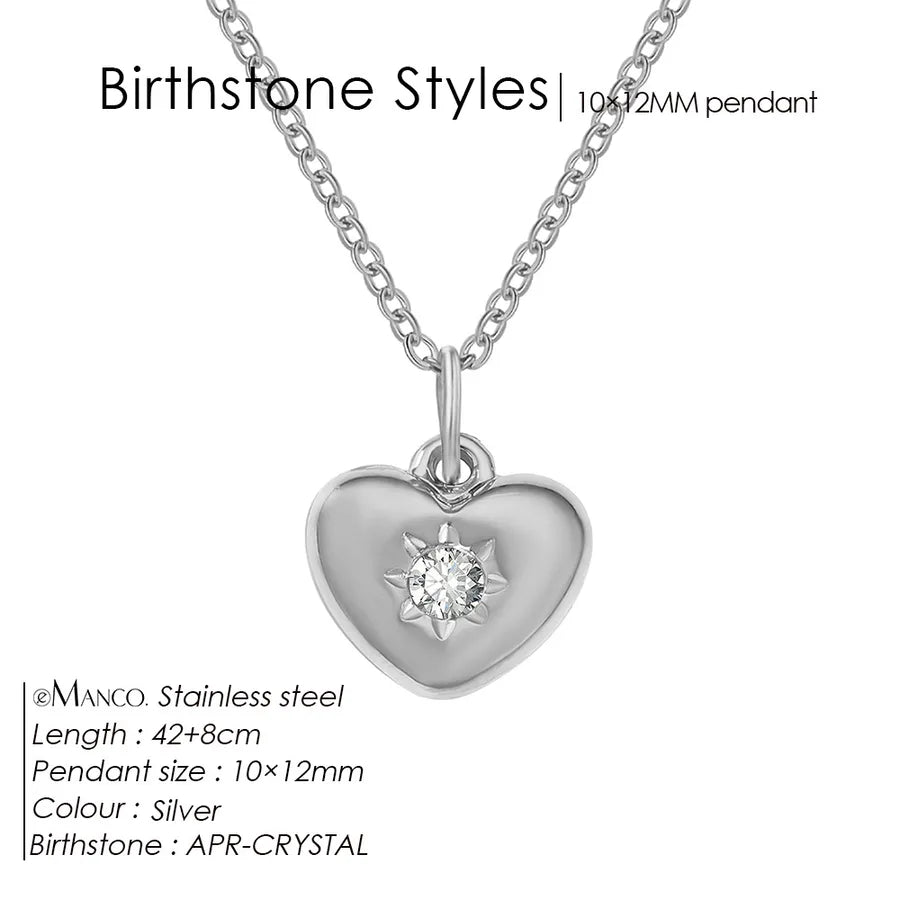 14K Gold Heart Birthstone Necklace for Women April White Steel Color