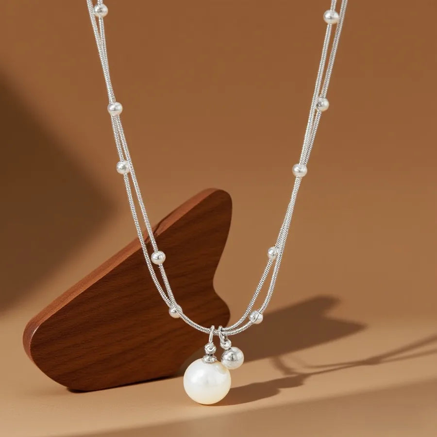 Titanium Steel Heart Pendant Necklace X01260-Pearl Gold Beads-Necklace-Steel Color