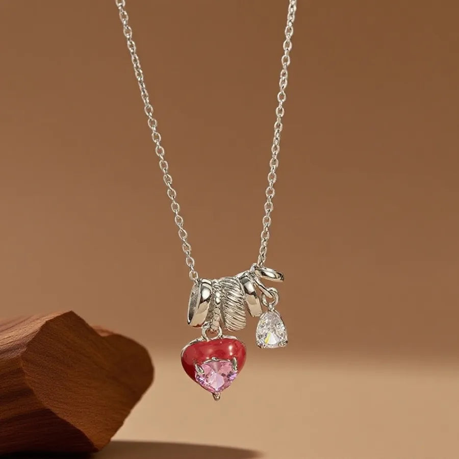 Geometric Titanium Steel Necklace for Women X08215 [Copper Pendant] Pink Diamond Heart Sparkling Necklace - Silver