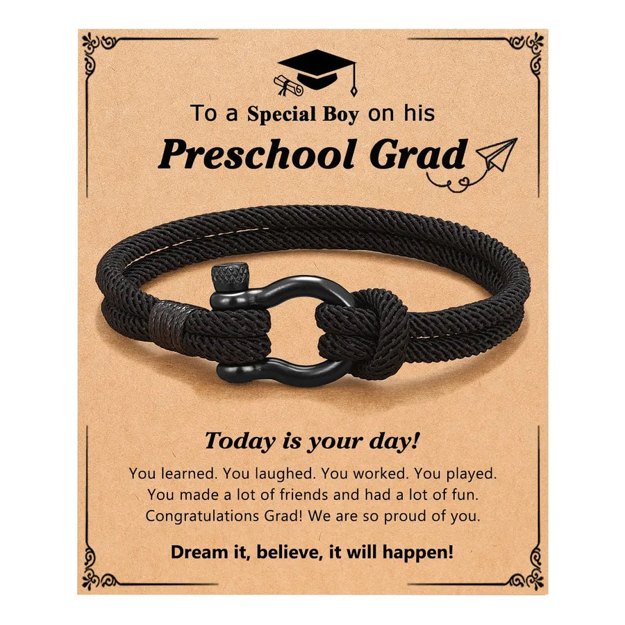 Black Milan Rope Bracelet with Horse Hoof Clasp Black + Doctoral Cap Preschool Graduation Card