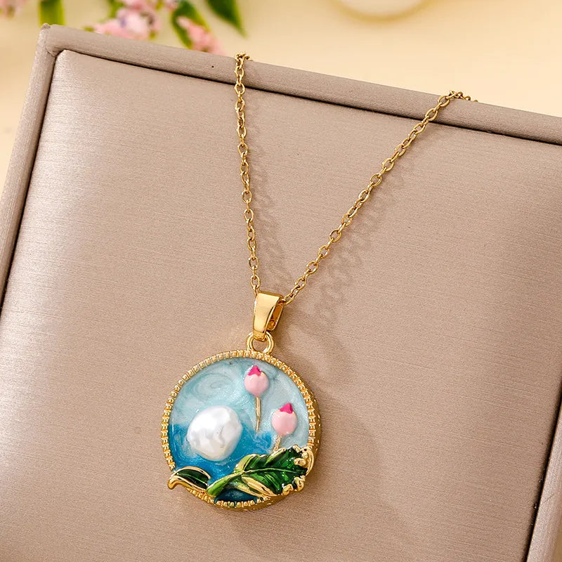 Boho Floral Pendant Necklace – Titanium Steel B022- Gold