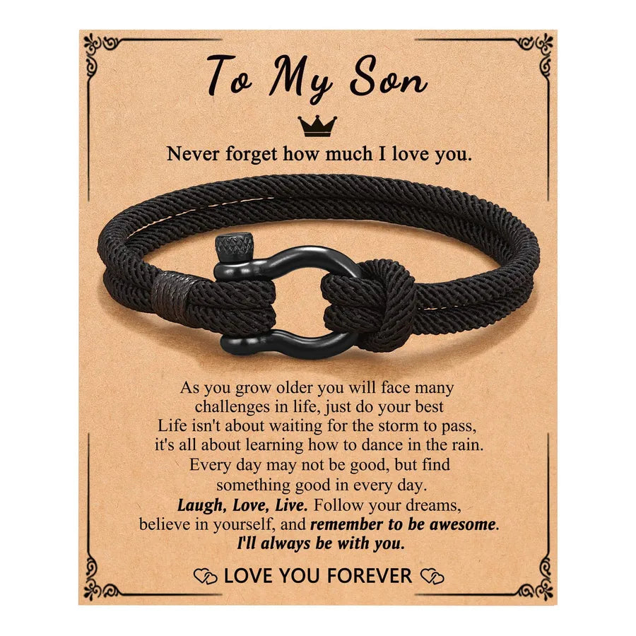 Black Milan Rope Bracelet with Horse Hoof Clasp Black+To My Son Card