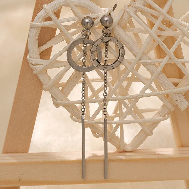 Stainless Steel Roman Numeral Tassel Stud Earrings