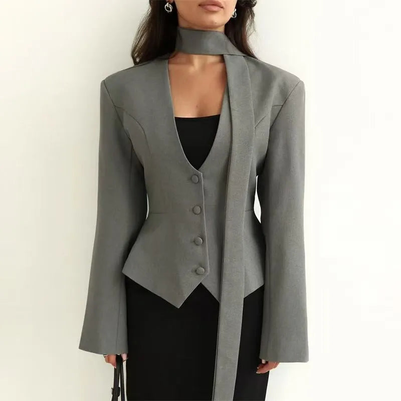 Elegant Puff Sleeve Stand Collar Blazer Grey