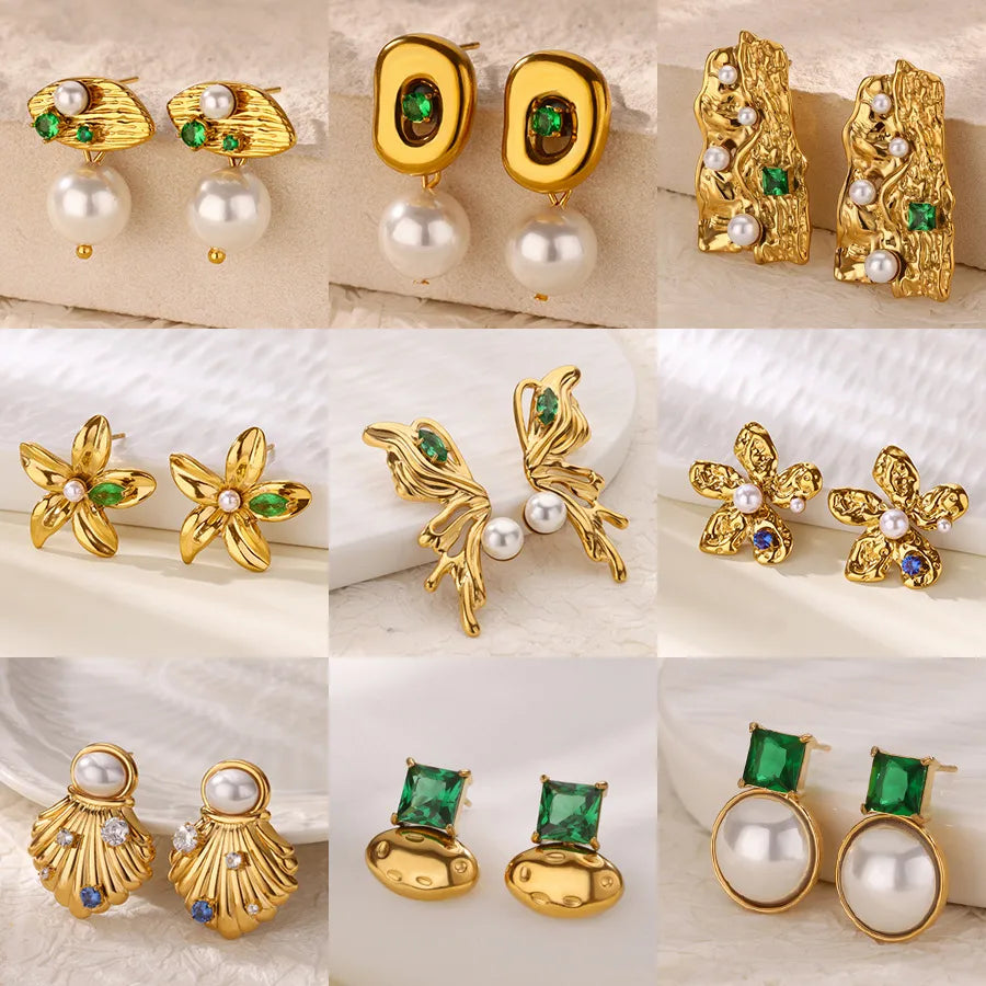 Colorful Pearl & Zircon Stud Earrings – 18K Gold
