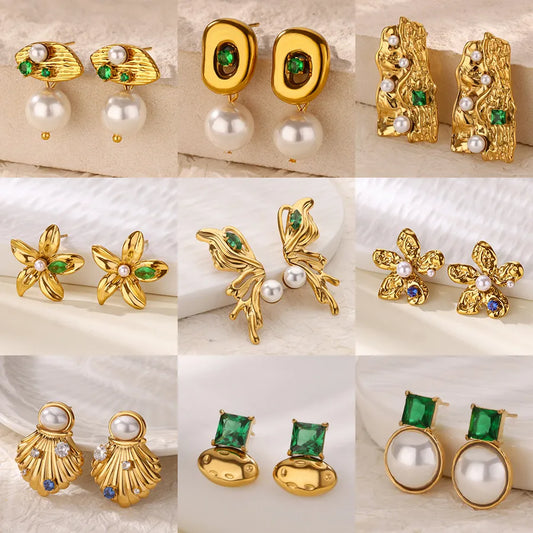 Colorful Pearl & Zircon Stud Earrings – 18K Gold