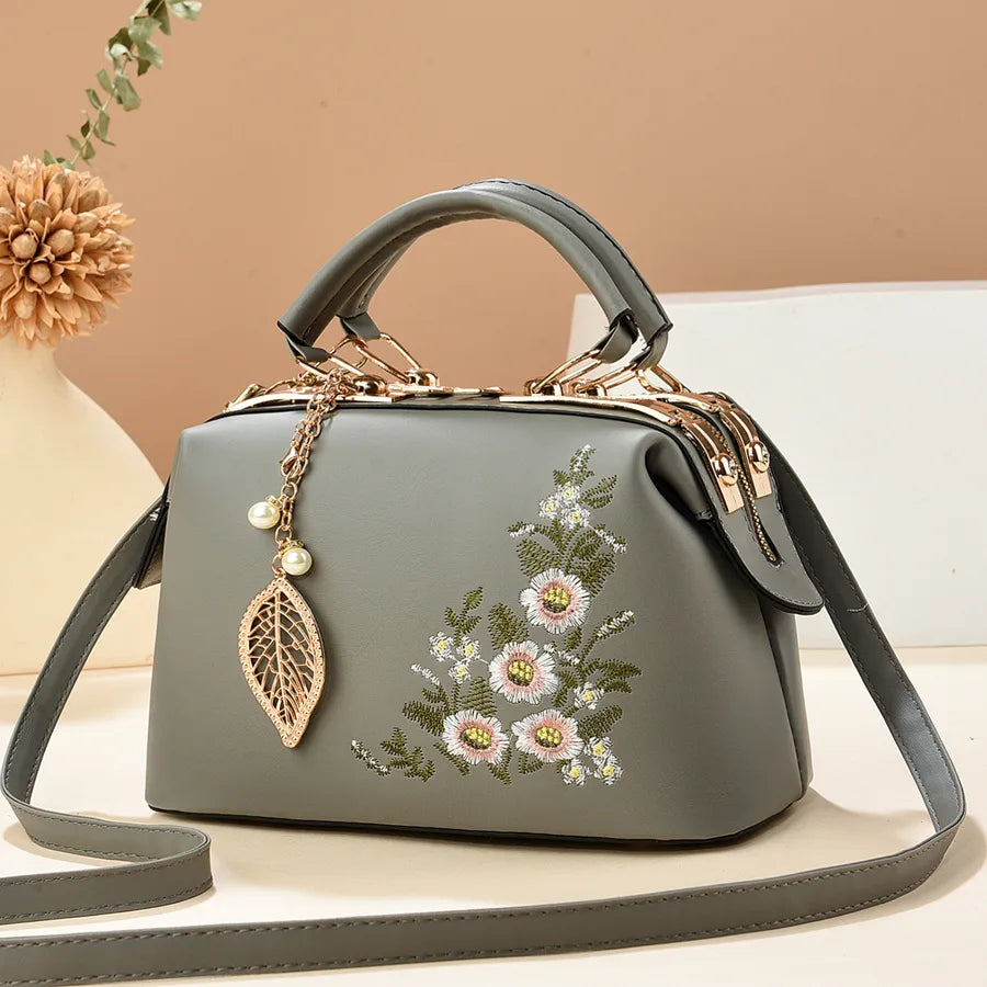 Floral Embroidered Retro PU Leather Shoulder Bag Grey 24*12*15CM