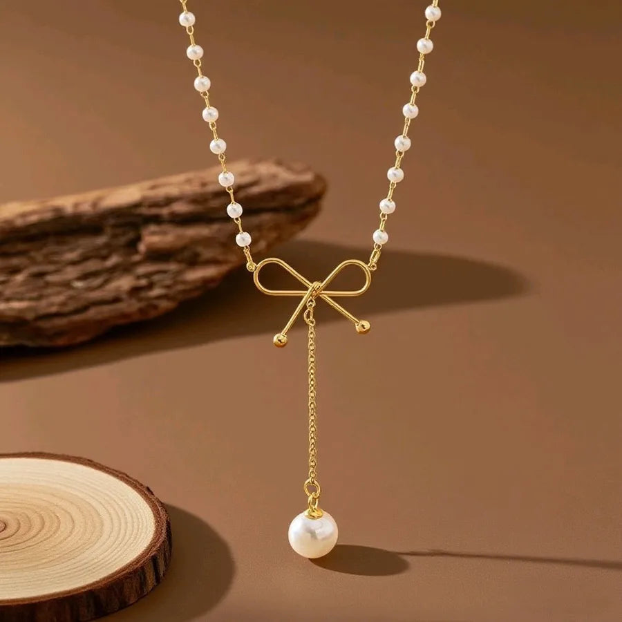 Titanium Steel Heart Pendant Necklace X0410-Pearl Bow-Necklace- Gold