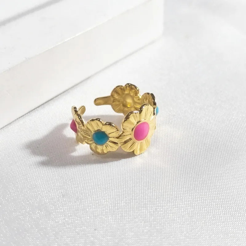 18K Gold Leaf & Flower Open Ring – Stainless Steel Flower